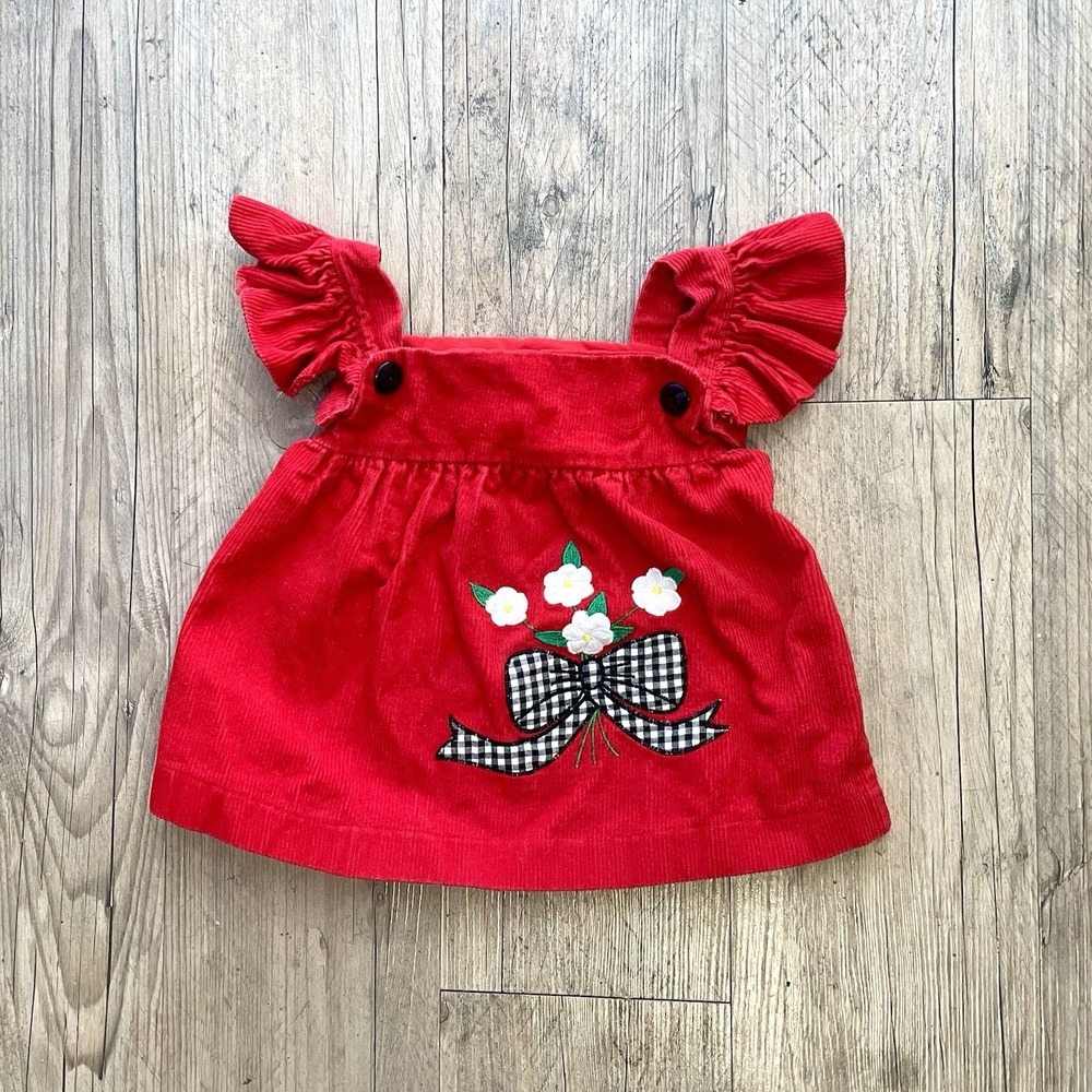 Vintage Unbranded‎ Cute Infant Baby Red Corduroy Dress Size 12M Bow Floral